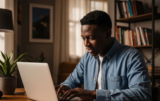 An AI-generated image of a young man using his laptop to apply for jobs