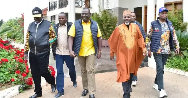 William Ruto (in yellow shirt) accompanied by Kungu Muigai (second right) and Kenya Kwanza leaders at Karen