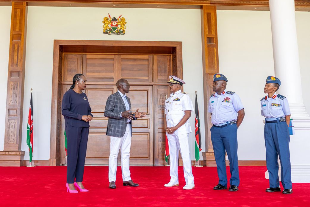 President William Ruto receives a report on the helicopter crash that killed General Francis Ogolla from Defence Cabinet Secretary Soipan Tuya at State House, Nairobi.