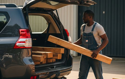 An AI-generated image of a man loading timber to a prado