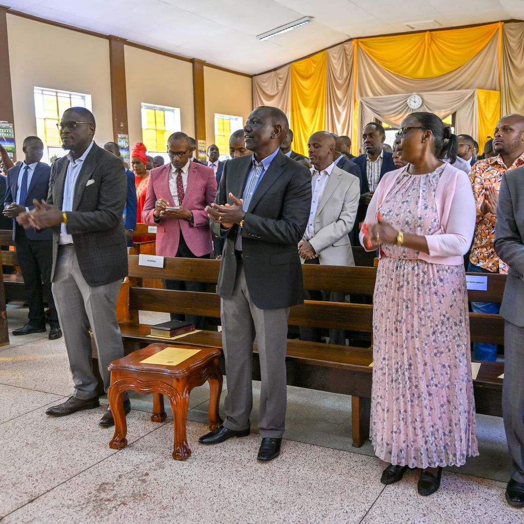 President William Ruto during a Sunday prayers at the United Pentecostal Church of Kenya, Nairobi County in the company of Governor Johnson Sakaja,  and Dagoretti North MP Beatrice Elachi on Sunday, January 12, 2025