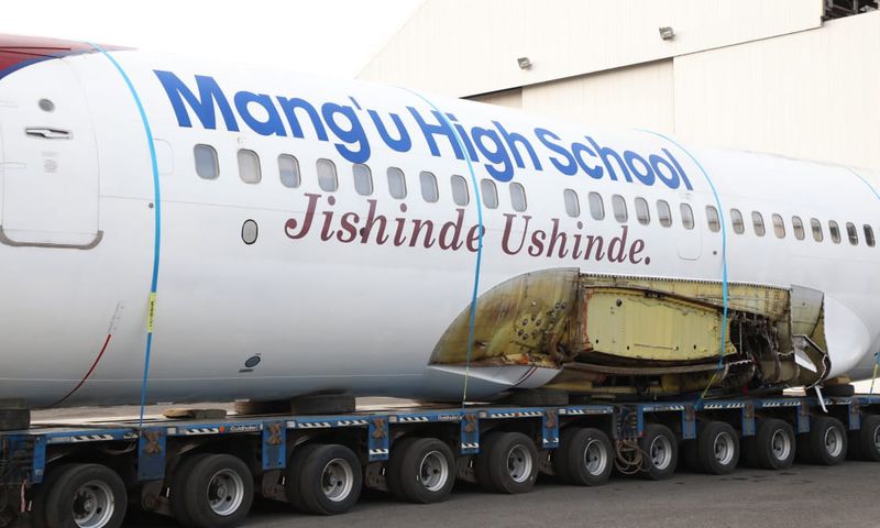 A decommissioned Boeing 737 plane donated by Kenya Airways to 
Mangu High School on Sunday, January 12, 2025.