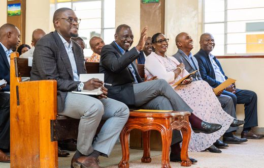 President William Ruto during a Sunday prayers at the United Pentecostal Church of Kenya, Nairobi County in the company of Governor Johnson Sakaja,  and Dagoretti North MP Beatrice Elachi on Sunday, January 12, 2025