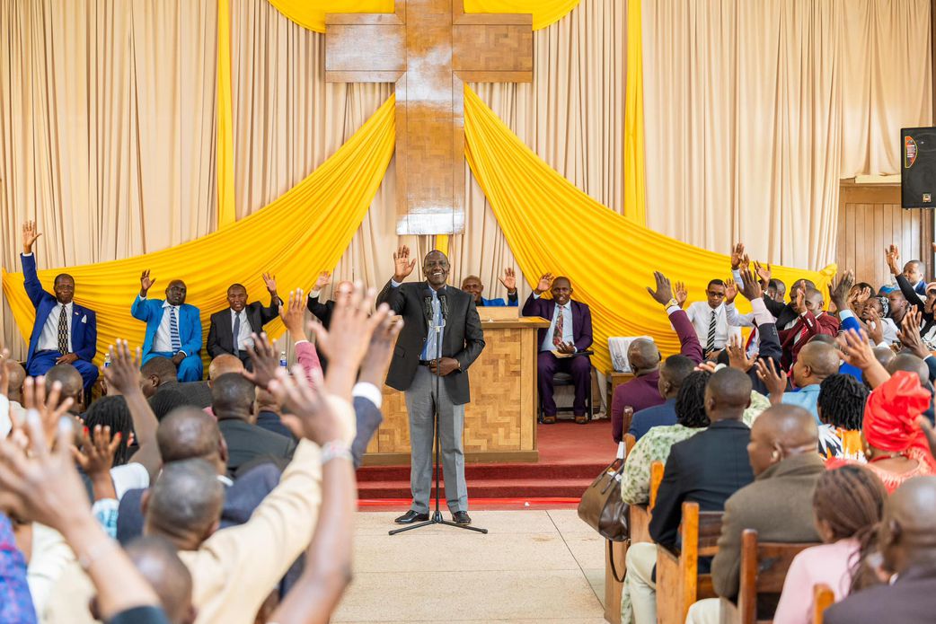 President William Ruto during a Sunday prayers at the United Pentecostal Church of Kenya, Nairobi County in the company of Governor Johnson Sakaja,  and Dagoretti North MP Beatrice Elachi on Sunday, January 12, 2025