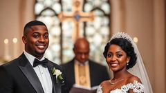 An AI-generated image depicting a groom with his bride and a priest in the background