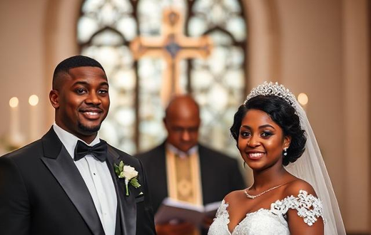 An AI-generated image depicting a groom with his bride and a priest in the background
