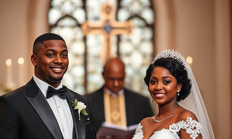 An AI-generated image depicting a groom with his bride and a priest in the background