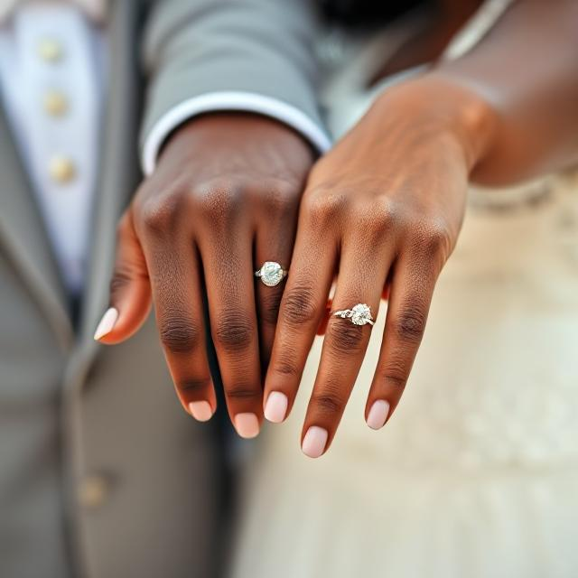 An AI-generated image of a black couple displaying their wedding rings