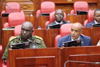Inspector General of Police Douglas Kanja and DCI Amin Mohamed before the National Assembly Administration and Internal Security Committee