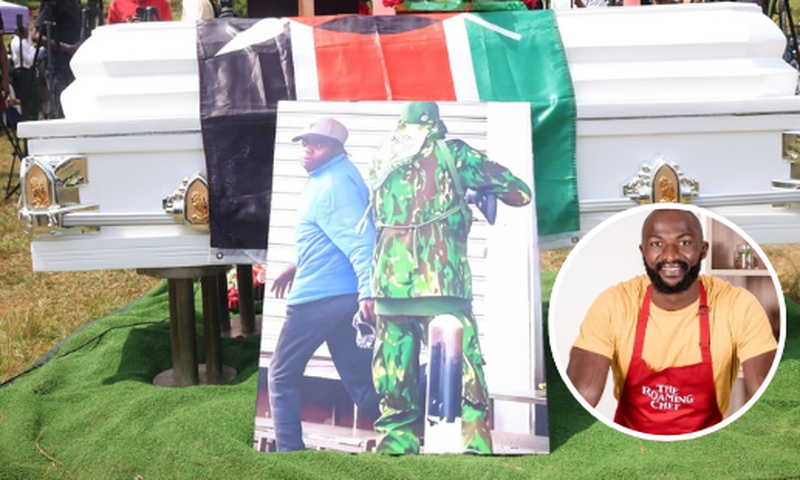 The coffin bearing the remains of Boniface Kariuki, an unarmed hawker who was shot by police at pointblank range, leading to his death and Dennis Ombachi in set.