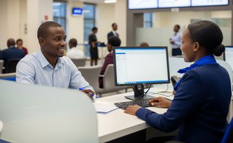 An AI-generated image showing a customer being attended to at a bank