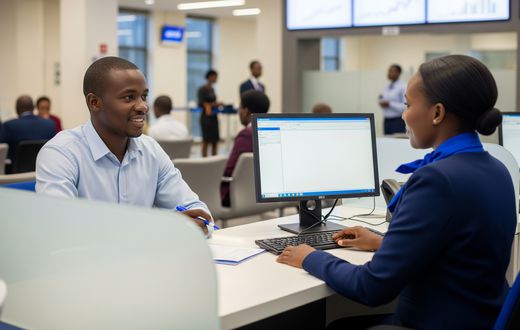 An AI-generated image showing a customer being attended to at a bank