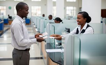 An AI-generated image showing a customer being attended to at a bank