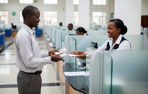 An AI-generated image showing a customer being attended to at a bank