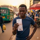 An AI-generated image of a person holding a receipt