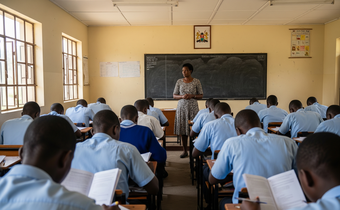An AI-generated image of a teacher invigilating exams in a class in kenya