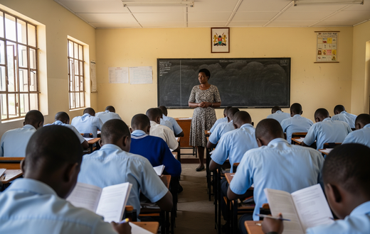 An AI-generated image of a teacher invigilating exams in a class in kenya