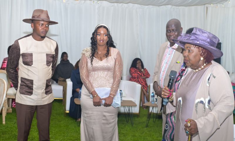 Trans Nzoia Senator Allan Chasang and his fiancé Channelle Kittony during the engagement ceremony