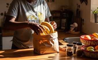 A lady taking ripe bananas off a paper bag