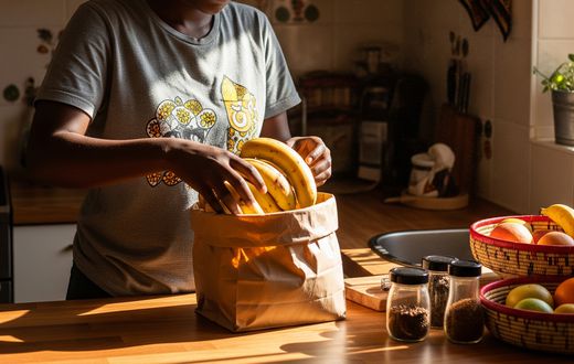 A lady taking ripe bananas off a paper bag