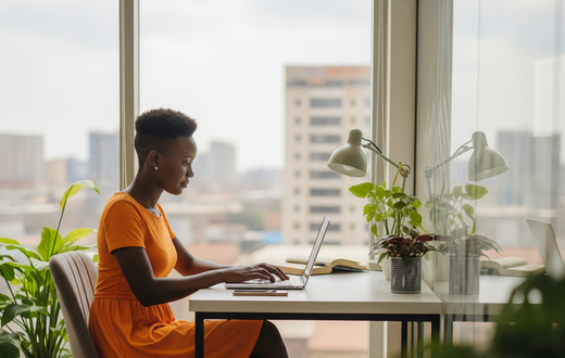 A woman taking a course online