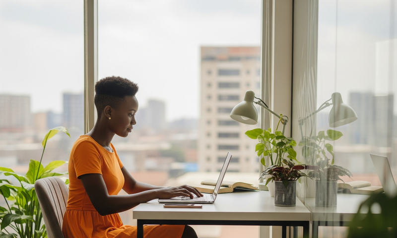 A woman taking a course online