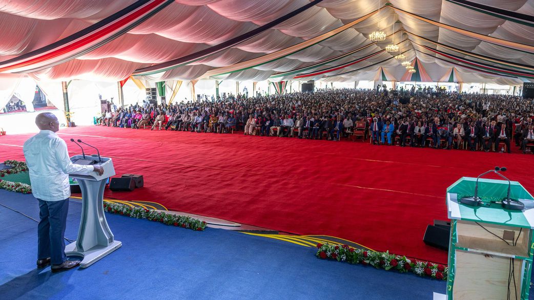 President William Ruto speaking at the 9th Devolution Conference in Homa Bay