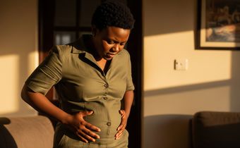 A bloated woman looking at her tummy