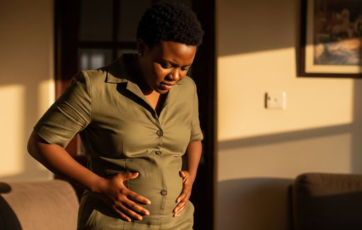 A bloated woman looking at her tummy