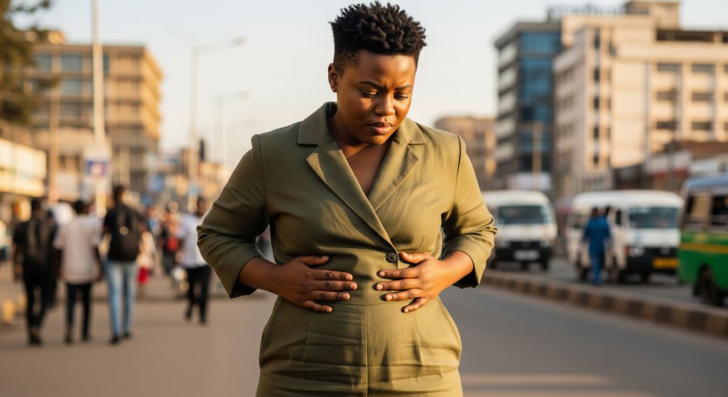 A bloated woman looking at her tummy