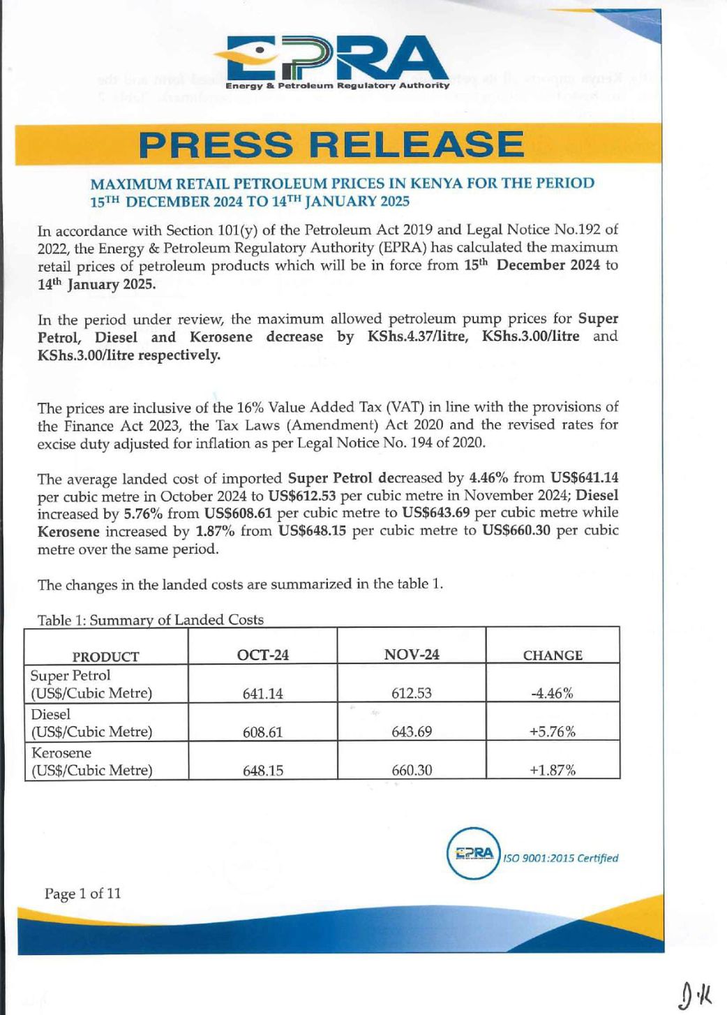 EPRA announces further reduction in fuel prices for December