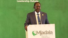Kenya’s candidate for the AUC chairperson, former Prime Minister Raila Odinga speaks in the Mjadala Afrika Debate for the AUC chairperson bid in Addis Ababa, Ethiopia on December 13, 2024.