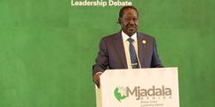 Kenya’s candidate for the AUC chairperson, former Prime Minister Raila Odinga speaks in the Mjadala Afrika Debate for the AUC chairperson bid in Addis Ababa, Ethiopia on December 13, 2024.