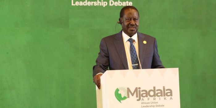 Kenya’s candidate for the AUC chairperson, former Prime Minister Raila Odinga speaks in the Mjadala Afrika Debate for the AUC chairperson bid in Addis Ababa, Ethiopia on December 13, 2024.