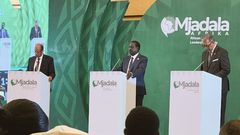 Ali Youssouf of Djibouti, Kenya’s Raila Odinga and Richard Randriamandrato of Madagascar during the Mjadala Afrika Debate for the AUC chairperson bid in Addis Ababa, Ethiopia on December 13, 2024. Photo/ African Union