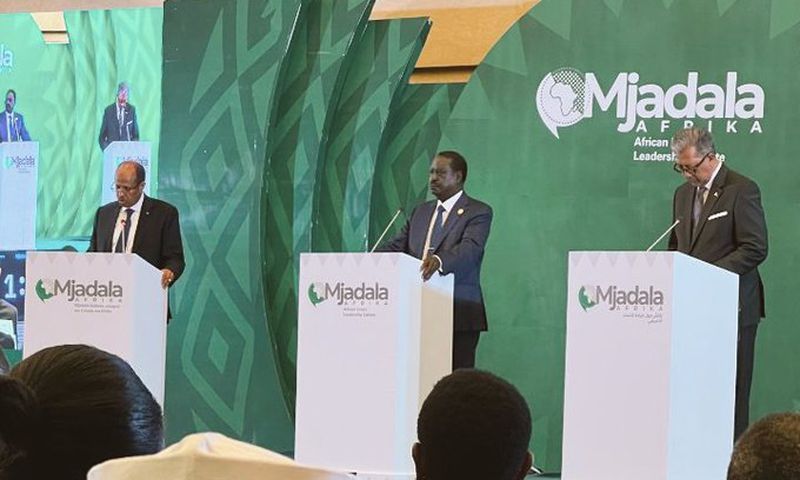 Ali Youssouf of Djibouti, Kenya’s Raila Odinga and Richard Randriamandrato of Madagascar during the Mjadala Afrika Debate for the AUC chairperson bid in Addis Ababa, Ethiopia on December 13, 2024. Photo/ African Union
