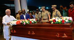 The casket bearing the remains of former Prime Minister Raila Odinga in India