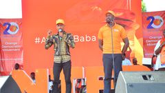 Babu Owino and Edwin Sifuna on the podium at the ODM@20 celebrations at Mama Ngina Water front Mombasa