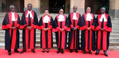 Supreme Court of Kenya judges (from left) Isaac Lenaola, Smokin Wanjala, Philomena Mwilu (deputy CJ), Martha Koome (Chief Justice), Mohamed Ibrahim, Njoki Ndung’u and William Ouko on March 31, 2022