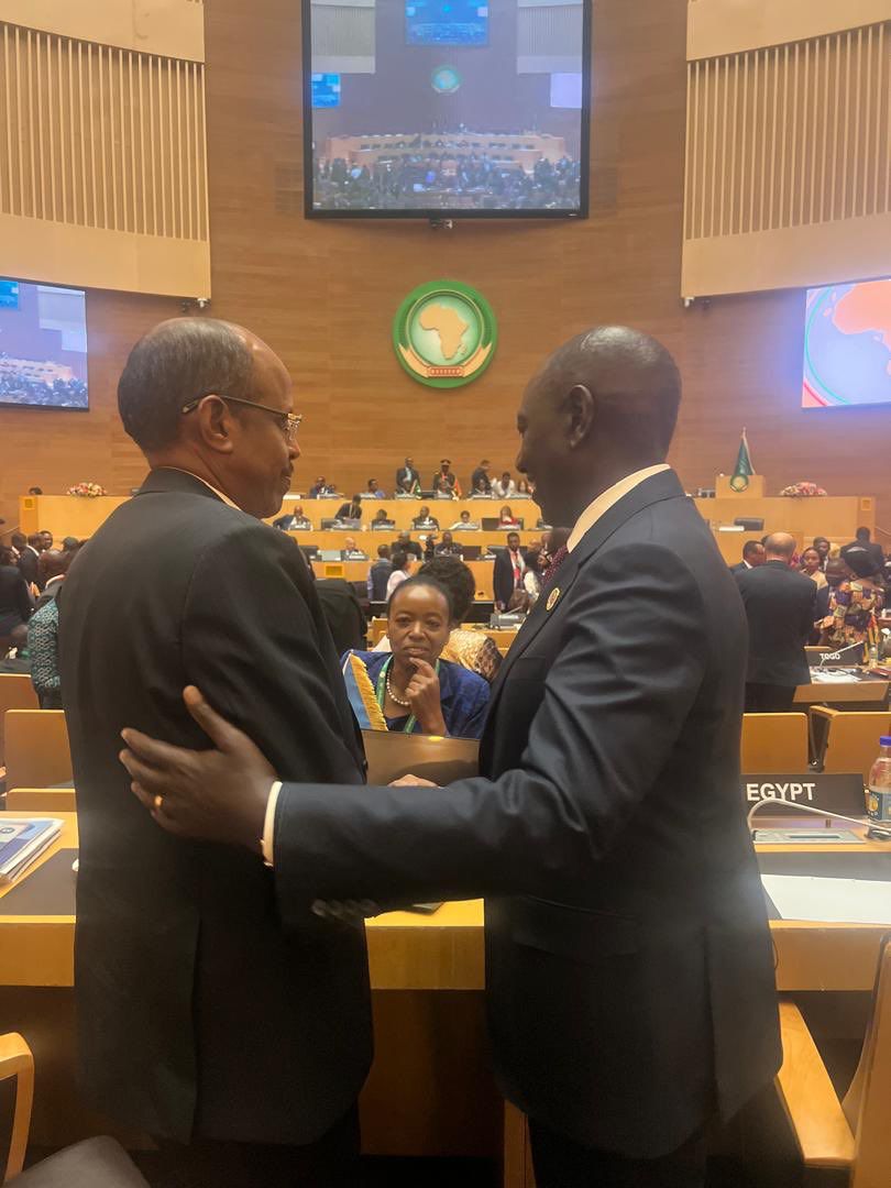 New AUC chairperson Mahmoud Ali Youssouf of Djibouti with President William Ruto of Kenya in Addis Ababa, Ethiopia