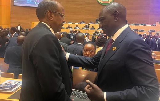 New AUC chairperson Mahmoud Ali Youssouf of Djibouti with President William Ruto of Kenya in Addis Ababa, Ethiopia