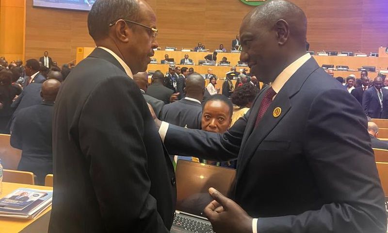 New AUC chairperson Mahmoud Ali Youssouf of Djibouti with President William Ruto of Kenya in Addis Ababa, Ethiopia