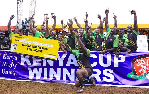 Photo: Kabras Sugar RFC players celebrate after winning the 2024/2025 Kenya Cup title on April 12, 2025 at the ASK Kakamega Showground.