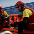 Migrants aboard a Proactiva Open Arms NGO boat following an operation in the Mediterranean Sea