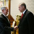 Turkish President Recep Tayyip Erdogan (R) greets US Defense Secretary James Mattis, in Ankara for talks focussed on US arming of a Syrian Kurdish militia, which Turkey views as a terror group. Picture by Turkish Presidential press service.