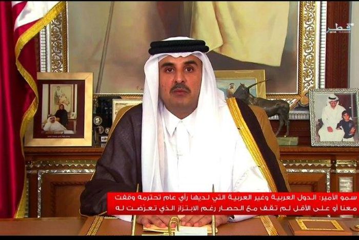 An image grab taken from Qatar TV shows the Emir of Qatar, Sheikh Tamim bin Hamad al-Thani, delivering a televised speech to the nation in the capital Doha on July 21, 2017