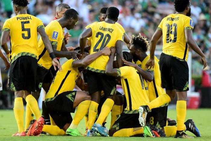 Jamaica's players celebrate after scoring a goal against Mexico during their 2017 CONCACAF semi-final match, at Rose Bowl in Pasadena, California, on July 23