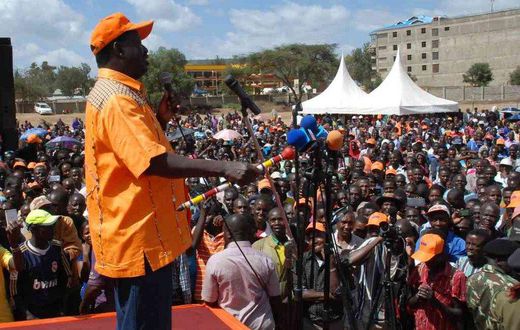 Nasa leader Raila Odinga addresses a crowd at Kenyatta stadium in Maralal town in February 2017.