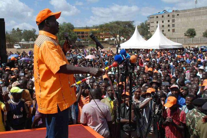Nasa leader Raila Odinga addresses a crowd at Kenyatta stadium in Maralal town in February 2017.