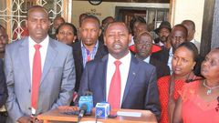 Samburu County Governor Moses Lenolkulal addresses a press conference at Maralal town.